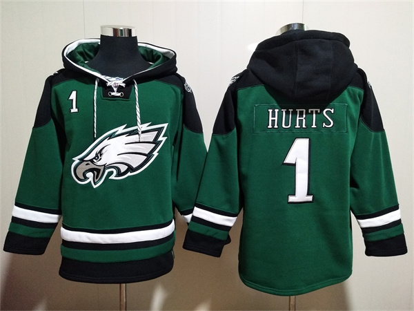 Men's Philadelphia Eagles #1 Jalen Hurts Green Lace-Up Pullover Hoodie